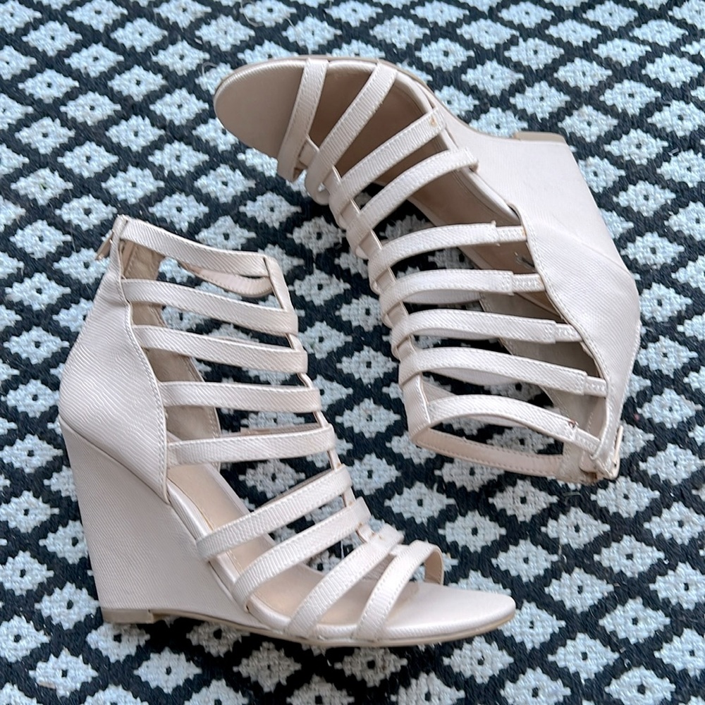 Express cream colored faux snake skin strappy wedge zipper heel